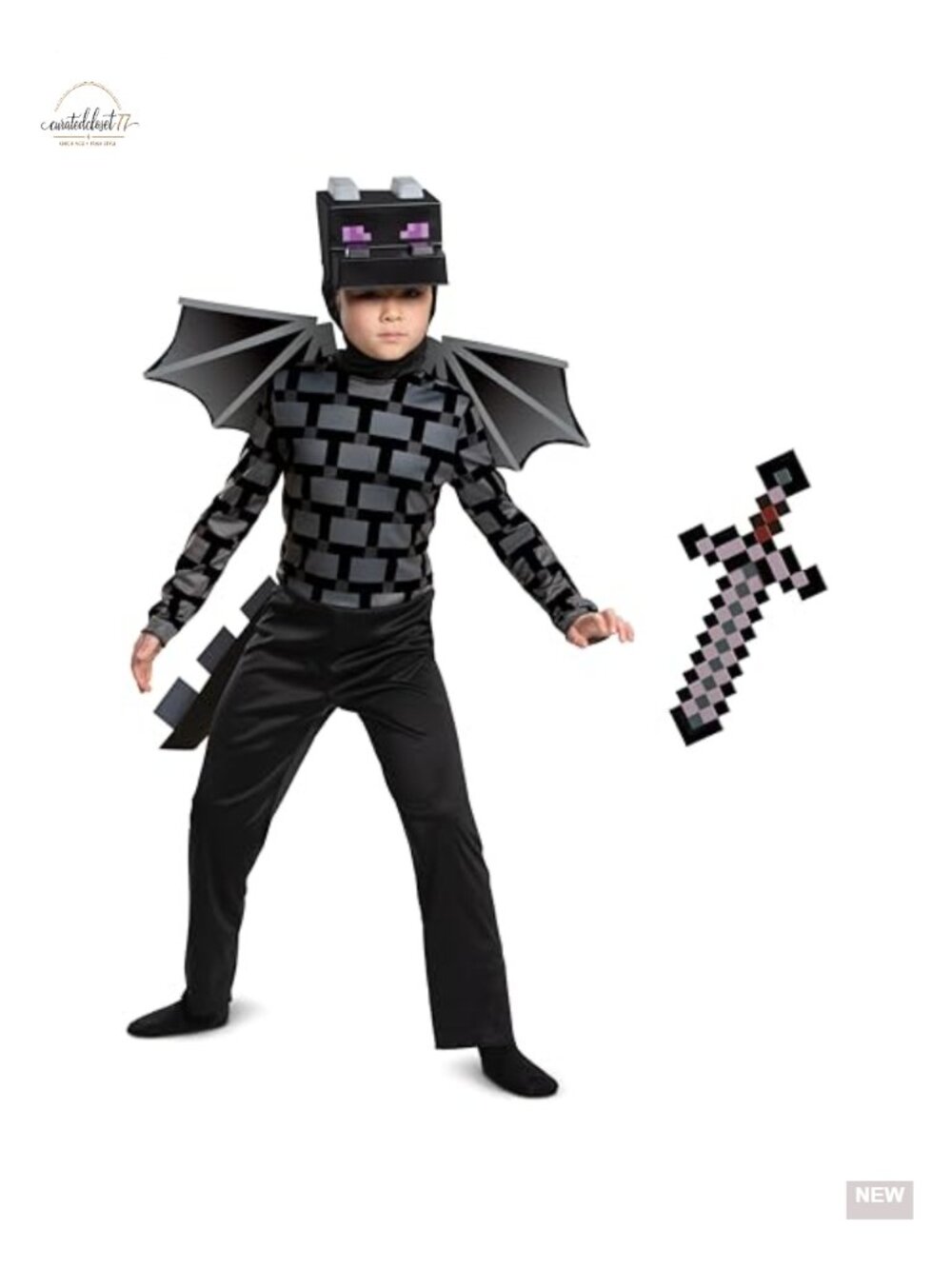 Kids Ender Dragon Classic Costume & Netherite Sword Bundle - Child Size M 7-8
